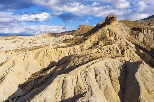 Bare ridges of eroded sandstone in the Tabernas Desert, aerial view, drone shot, Almeria province, Andalusia, Spain