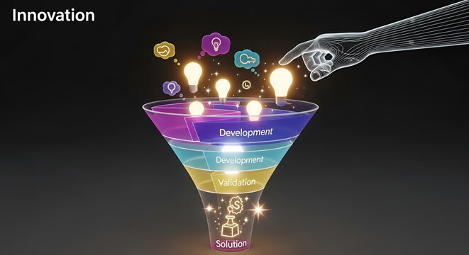 Innovation process funnel with robotic hand and glowing ideas