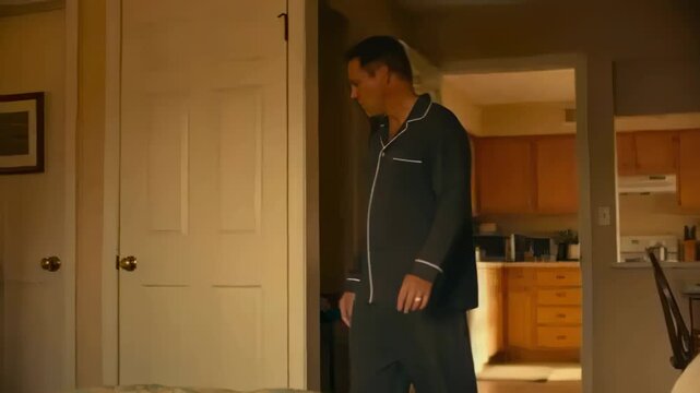 Stepping from kitchen, man wearing dark blue pajamas walking toward bed to rest, patterned quilt