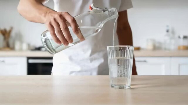 Tilting flip-top bottle, man in tee pouring water into fluted glass on kitchen counter for drink