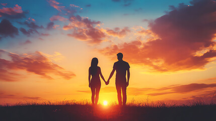 Fototapeta premium A couple stands hand in hand against a vibrant sunset, creating a romantic and serene atmosphere in nature.