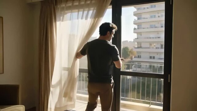 Pulling glass door open, man in T-shirt at balcony holding sheer curtain and checking street view