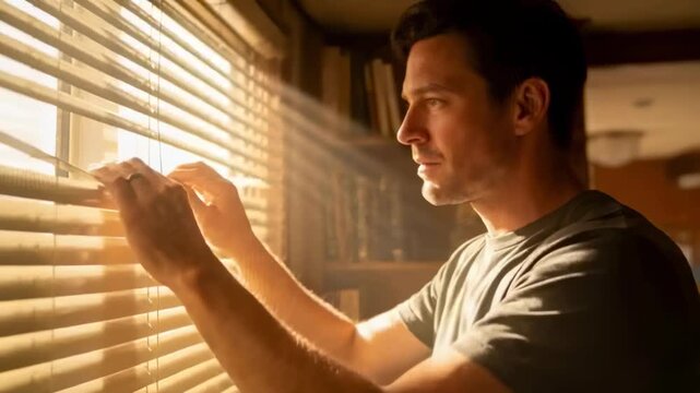 Seeing sun, man in short-sleeve tee moving closer, adjusting horizontal blinds, letting light in