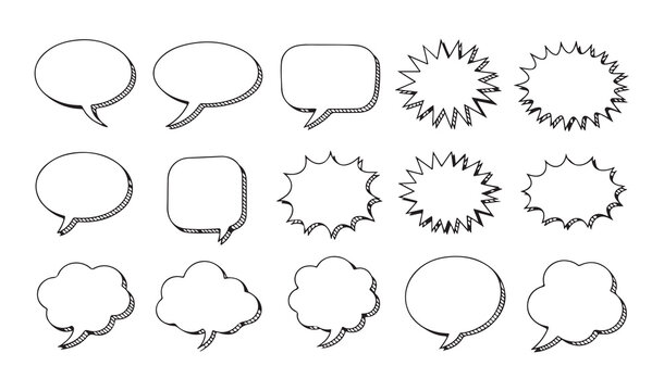 Hand drawn speech bubbles set with doodle style frames for comic book conversation text graphic elements.