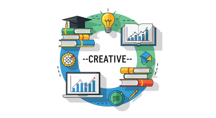 Fototapeta premium Creative education icons, learning symbols, academic vector graphics, business school elements