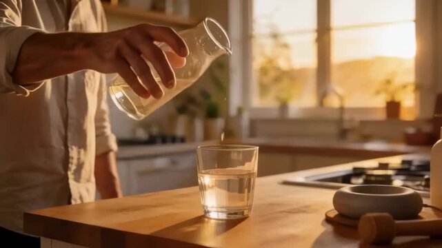 Tilting carafe, man in rolled-sleeve shirt pouring water into glass on wood counter to fill glass