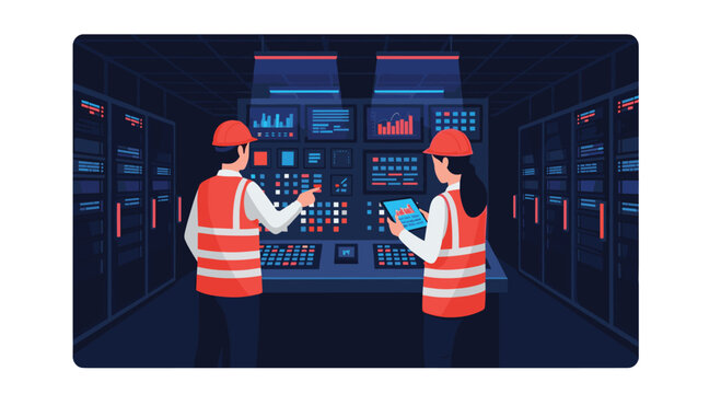 Operators wearing high visibility safety vests monitor complex data server operations on illuminated control panels within a high-tech secure server farm facility.