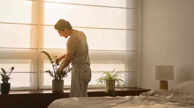 Waking man wearing tee and sweats stretching in bedroom walking to sill, adjusting plants, copy sp