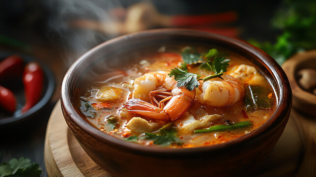 A flavorful bowl of shrimp soup, adorned with fresh herbs and spices, ready to warm your soul and tantalize your taste buds.