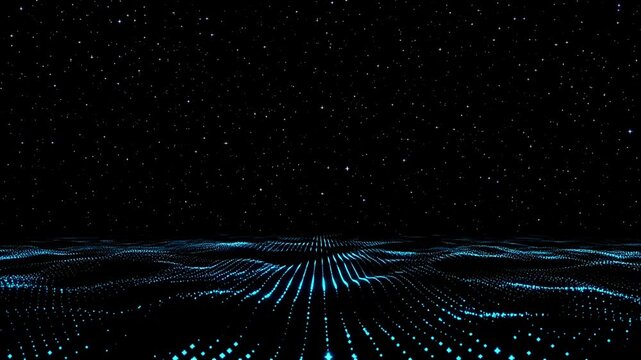 Abstract blue digital particle wave grid horizon with starry night sky. Futuristic technology background.