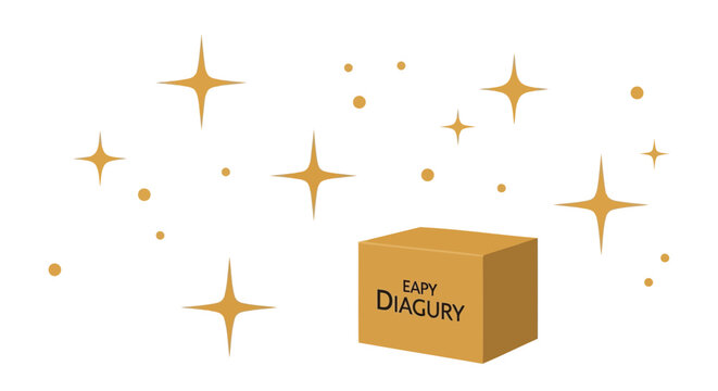 Golden box, Easy Diagury text, starry background, vector illustration, luxury packaging