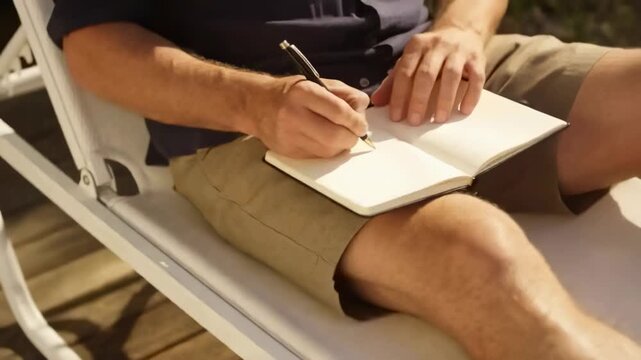 Positioning pen over notebook, man in khaki shorts taking notes, flipping page on wooden deck chair
