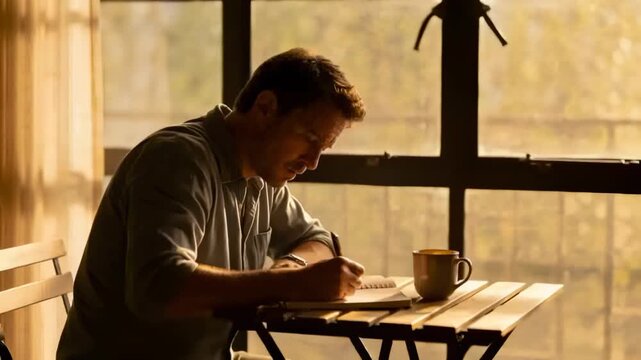 Writing man in collared shirt starting seated, taking notes at table by window, notebook, pen, mug