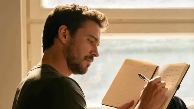 Holding open notebook, adult man wearing dark tee noting thoughts, writing with pen by large window