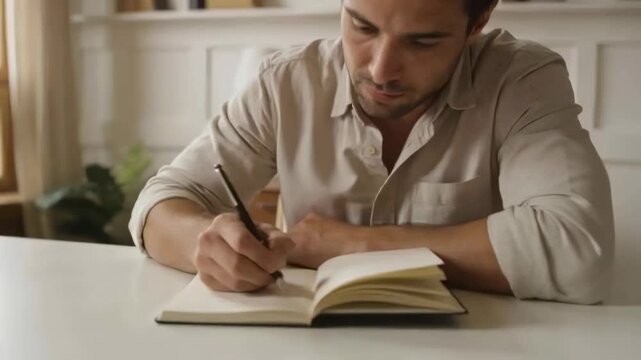 Leaning man writing at home for notes after black pen touching open notebook page, beige shirt