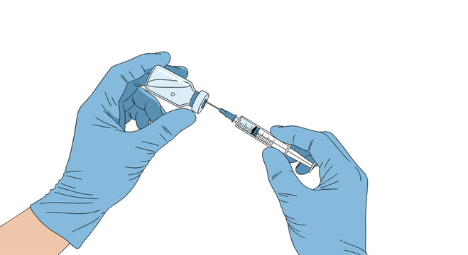 A pair of medical hands clad in vibrant blue gloves carefully extracts liquid medication from a glass vial using a sterile hypodermic needle on a plain white background.
