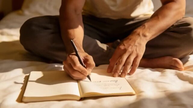 Placing open notebook, adult man journaling with black pen at home on bed, wearing tank top