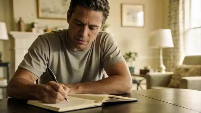 Leaning forward, adult male writing notes at living room table, using hardcover notebook and pen
