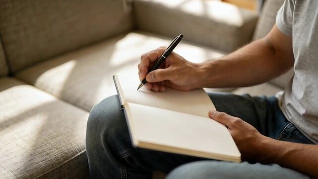 Man in gray t-shirt, jeans writing on notebook in lap on sofa with black pen poised