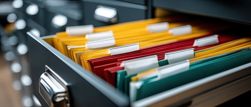 Close view of a dark teal filing cabinet drawer with organized folders in bright colors and white label tabs under natural light