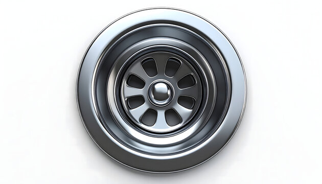 A polished chrome-plated round stainless steel sink drain with high-precision bolt detailing, top view. A commercial sanitary product asset for bathroom, kitchen, and home renovation supply catalogs.