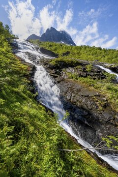 Waterfall on the river Flou between Birkenwald, Innerdalen, Hochtal, Sunndal, M&oslash;re og Romsdal, Vestlandet, Norway