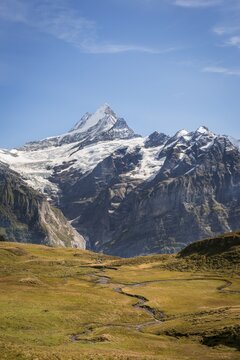 Stream, view of the Gro&szlig;es Fiescherhorn, Eiger, M&ouml;nch, Jungfrau, Grindelwald, Bern, Switzerland