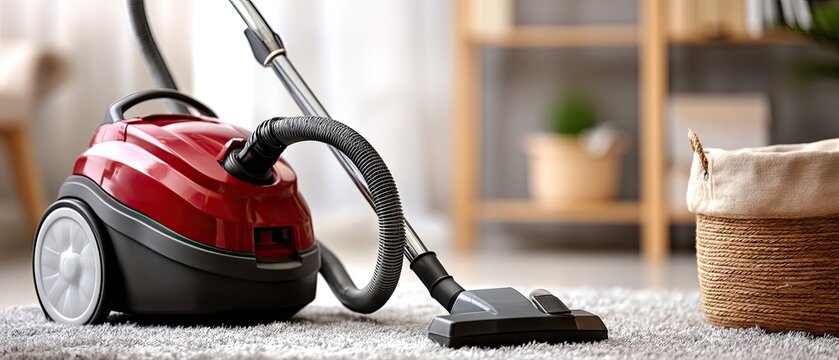 Focus on a red canister vacuum cleaner on a light gray carpet with a wooden shelf and woven basket in the background