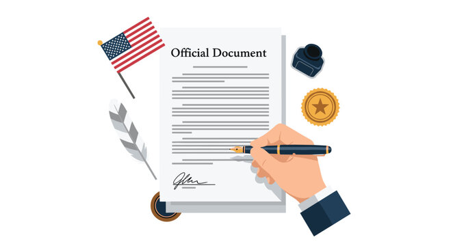 A professional hand wearing a suit cuff signs an official legal document with a dark ink pen near an American flag and wax seal on a neutral background.