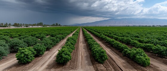 Naklejka premium Large scale orchard with aligned trees under a colorful sky at dusk