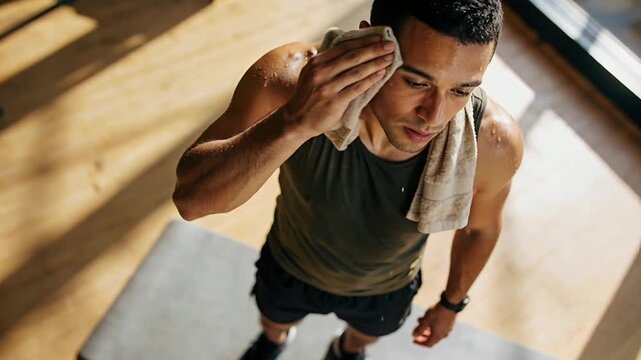 Wiping forehead after intense set man wearing olive-green tank top grabbing towel on gym mat