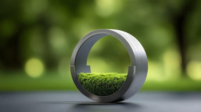 Modern metal sculpture featuring lush green moss inside a ring.