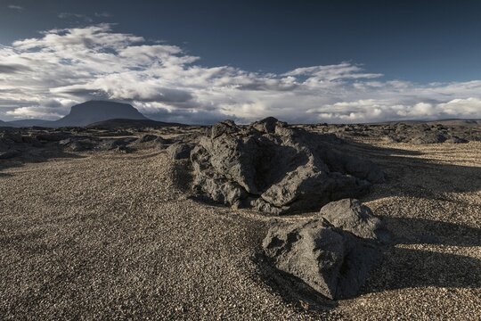 Old lava flow, volcanic landscape, in the background table volcano Her&eth;ubrei&eth; or Herdubreid, Icelandic Highlands, Iceland
