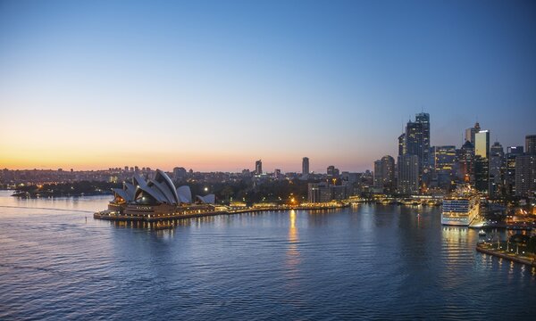 Circular Quay and The Rocks at dusk, skyline with Sydney Opera House, Opera, Financial District, Banking district, Sydney, New South Wales, Australia