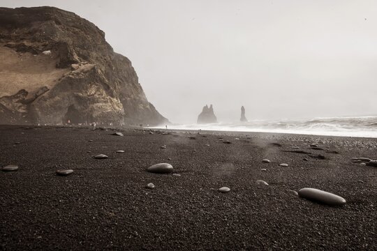Black sandy beach, bad weather, Reynisfjara Beach, South Iceland, Iceland