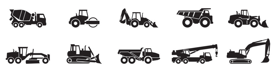 Set of construction machines. Construction transport icons. Collection of black construction vehicle icons including excavators bulldozers cranes and dump trucks isolated on white background. © Jeremy_Show
