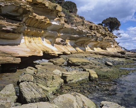 Colorful sandstone cliffs, Painted Cliffs, in the Maria Island National Park, Tasmania, Australia