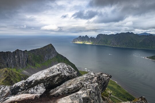 View of the mountains Devils Teeth, Devil's Teeth, Okshornan, stone fjords, Senja Island, Troms, Norway
