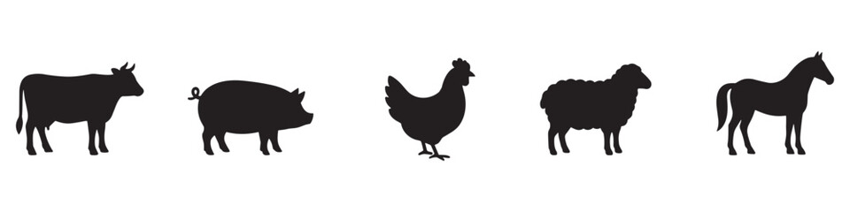 Farm animals silhouettes icon. Farm animals silhouettes set including cow pig chicken sheep and horse isolated on white background. Vector Illustration. EPS 10 © Jeremy_Show