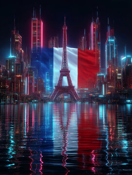 Futuristic paris skyline with french flag and eiffel tower