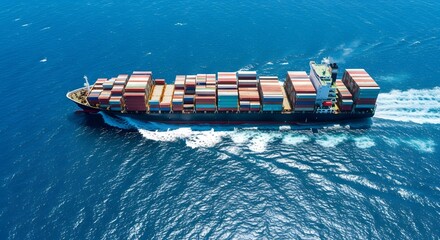 Fototapeta premium Drone photo of a cargo ship in the middle of the open sea carrying many containers of various colors with bright blue sea light shining