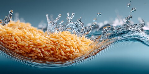 Obraz premium Rice splashing in water, capturing freshness and culinary delight.
