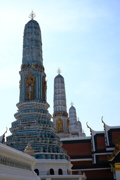 Colorful Ceramic Prang Towers at Wat Phra Kaew, Grand Palace, Bangkok