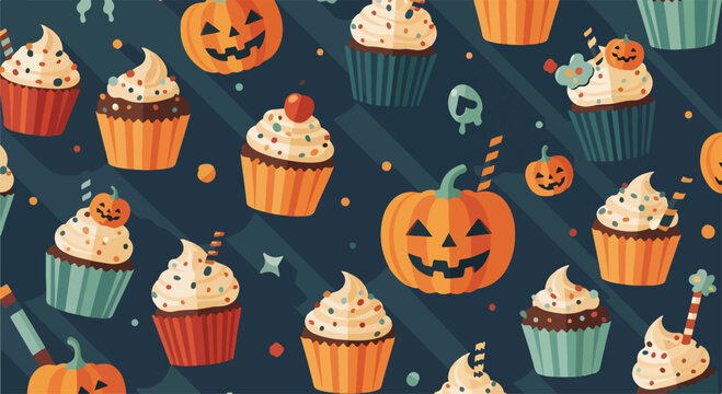 A festive Halloween pattern with cupcakes and pumpkins