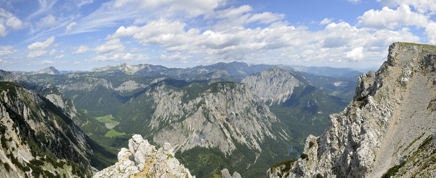 View to the Hochschwab mountains, in the middle the Pfarrerlacke pond, on the right the Gruener See lake, hiking on Mt. Trenchtling, Hochschwab, Styria, Austria, Europe
