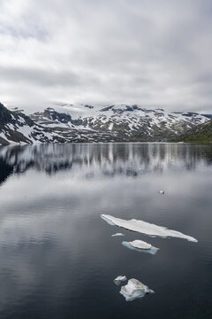 Snow and ice floating on lake Djupvatnet, M&oslash;re og Romsdal, Norway