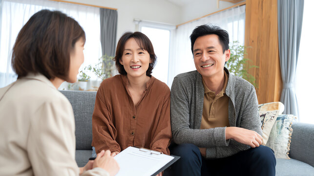 A friendly couple engages in a conversation with a professional, showcasing trust and connection in a warm, inviting setting.