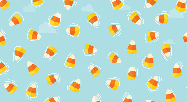 A light blue background with scattered candy corns