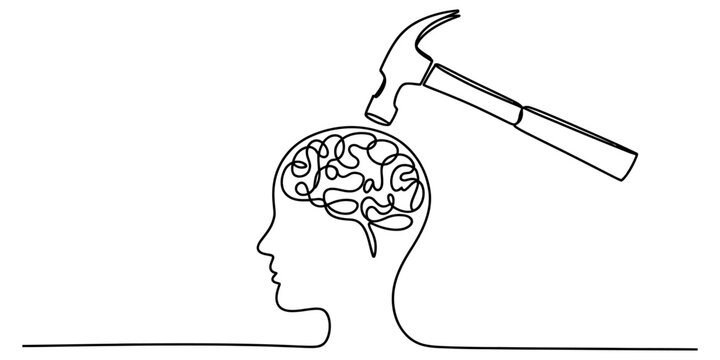 Continuous line drawing of a hammer hitting a human head with a brain made of scribble lines representing a headache or stress and mental pressure