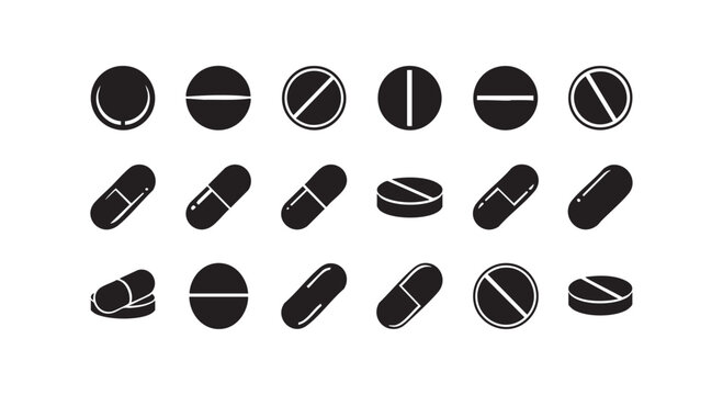 Collection of various medication pills and capsules, round and oblong shapes vector illustration.